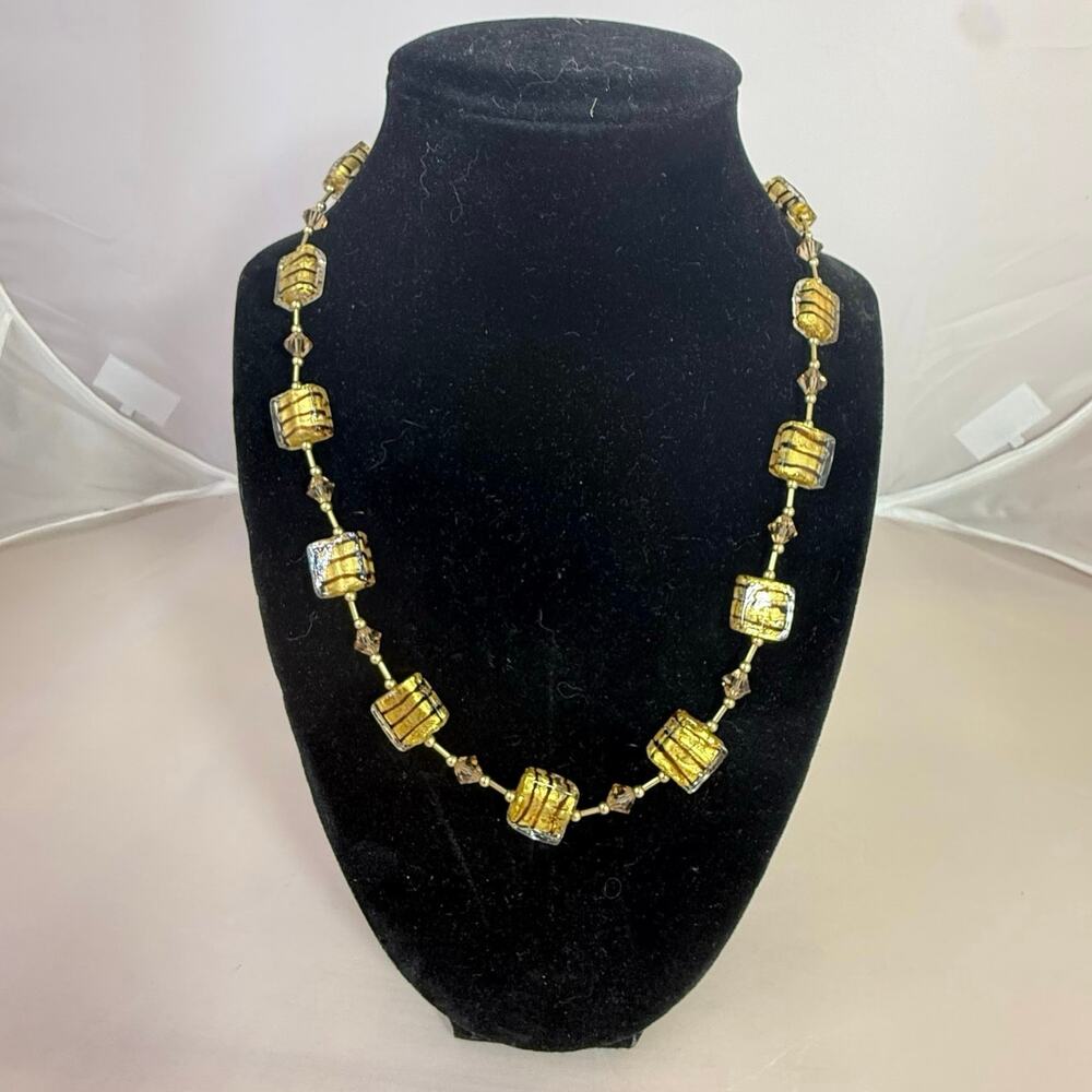 Lucky Clover Gold Tone Murano Style Glass Bead Necklace Crystal Accents